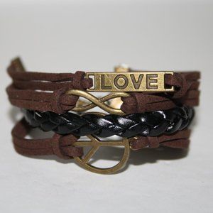 Beautiful bronze brown and black LOVE peace bracelet 7.25-9"